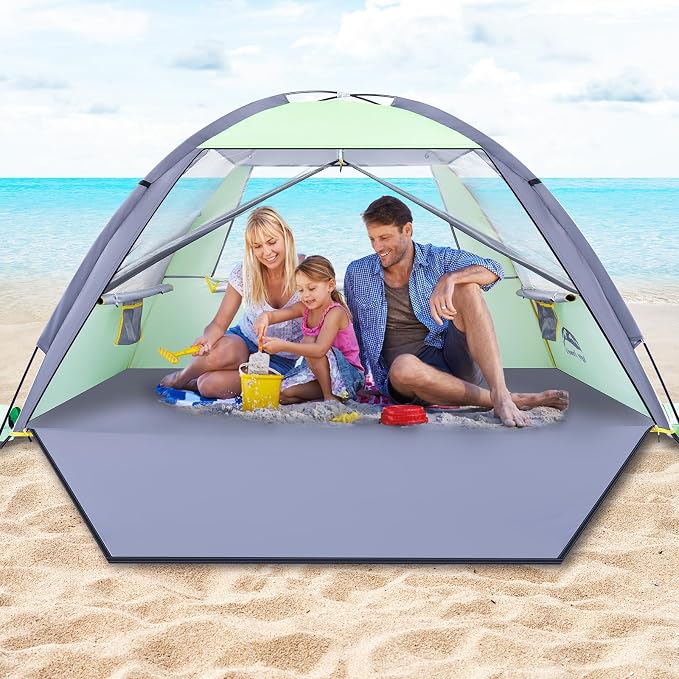 Happy Travel Beach Tent SunShelter for 3/4/5/6/7/8 Person,Portable UPF 50+ UV ProtectionBeach Shade Canopy for Family& Baby, Lightweight & EasySetup Beach Cabana with 3Ventilation Mesh Windows