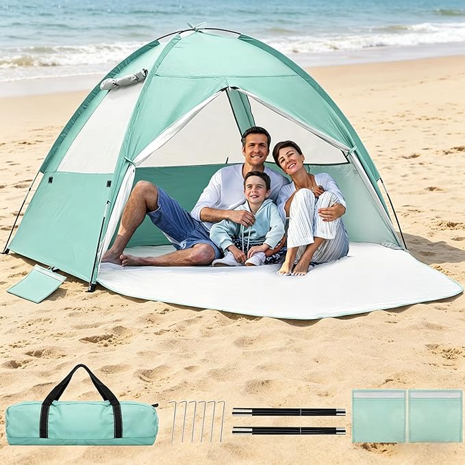 Beach Tent for 3-4 Person, LargeEasy Setup Beach Shade Canopywith UPF 50＋ UV Protection,Portable Shade Tent with 3Ventilating Mesh Windows forOutdoor, Picnics, Fishing
